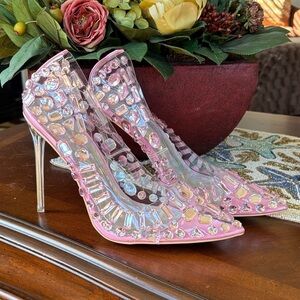 Azalea Wang Blakely Pink Rhinestone Bejeweled Pumps Embellished Stiletto Heels